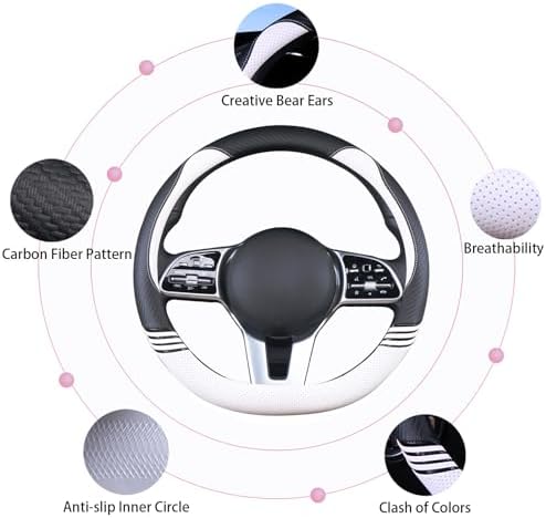 15 inch Cute Leather D Shape Steering Wheel Cover Black White - Image 5