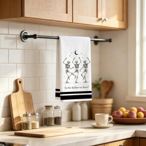 Gothic Kitchen Decor Towel, Dancing Skeleton Halloween Dish Towel - Image 2