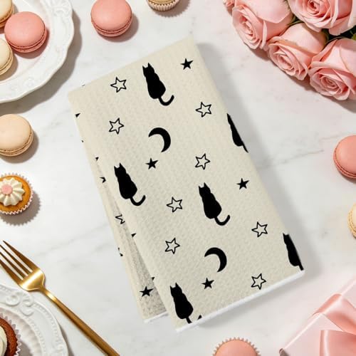 2 Pcs Cute Cat Kitchen Towels Waffle Soft Hand Towel Moon Star Decorative - Image 2