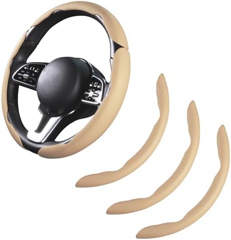 Car Steering Wheel Cover Leather 14.5-15 in Universal 3Pcs Set Beige by HOME