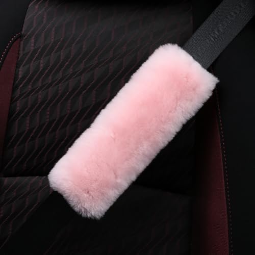 AOGELAN 2 Pack Fluffy Fuzzy Genuine Sheepskin Car Seat Belt Cover Pad Pink - Image 2