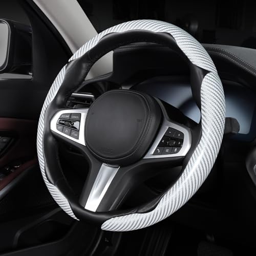 Carbon Fiber Steering Wheel Cover Universal 3pcs Protector Glossy White - Image 3