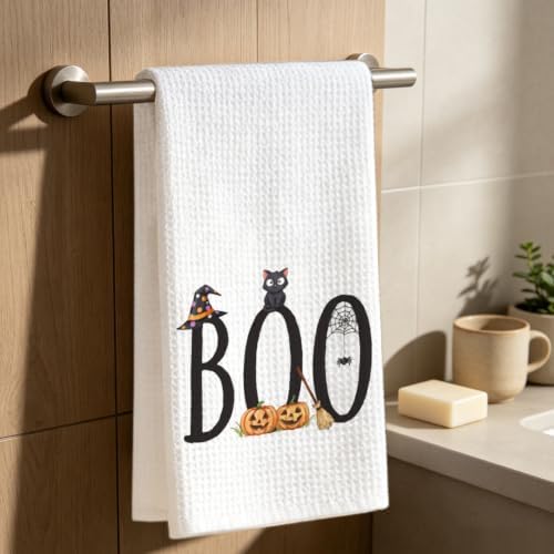Fall Halloween Kitchen Towel, Boo Cat Pumpkin Gift Dish Towel - Image 6