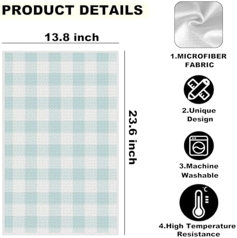 Blue Leaves 2 Pcs Green White Checkered Kitchen Towels Decorative Tea Towel - Image 2