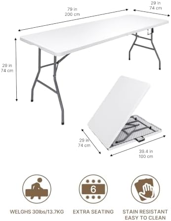 7FT Folding Table, Heavy Duty Fold-in-Half Portable Plastic White - Image 3