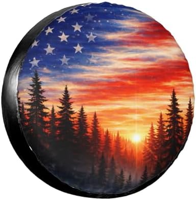 Spare Tire Cover，American Flag Sunset Fores Camper Spare Tire Cover Waterproof by Unknown