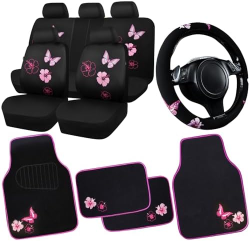 CAR PASS Universal Cloth Butterfly Car Seat Covers Full Set, Embroidered Flower by CARPASS