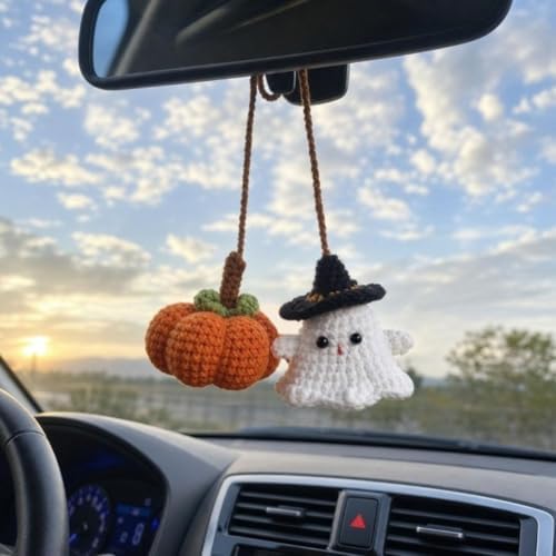 Halloween Crochet Pumpkin Ghost Car Mirror Pendant Charm - Image 6