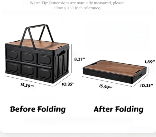 Collapsible Storage Crate with Wood Lid, Stackable Camping Box - Image 2
