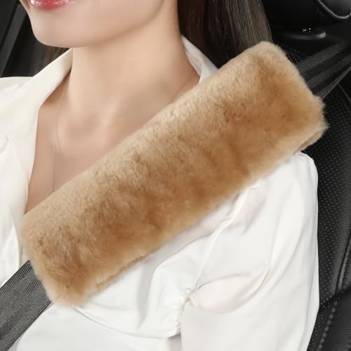 AOGELAN 2 Pack Fluffy Real Sheepskin Car Seat Belt Cover Pad Light Brown by AOGELAN