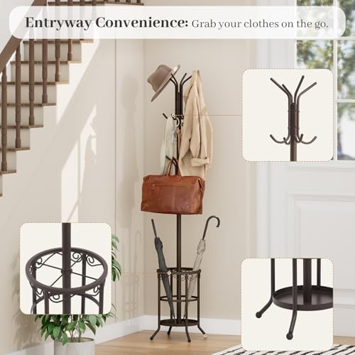 Coat Rack Freestanding With Umbrella Holder – Metal Hall Tree with 12 Hooks - Image 3