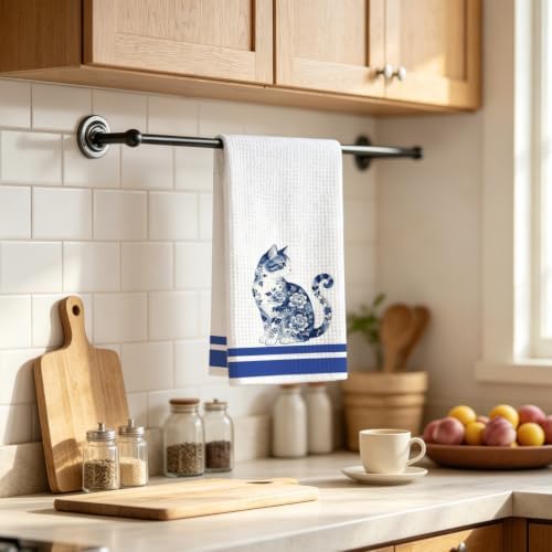 Chinoiserie Cat Kitchen Towel, Porcelain Style Cat Decor Dish Towel - Image 2