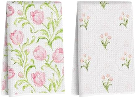 2 Pcs Floral Kitchen Towels Decorative Hand Towels by Blue+Leaves