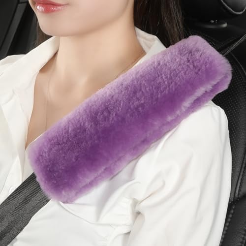 AOGELAN 2 Pack Fluffy Genuine Sheepskin Car Seat Belt Cover Pad Purple by AOGELAN