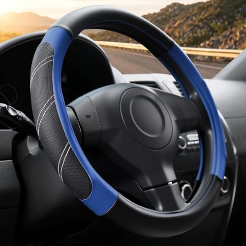 Black and Blue Line Punching Car Steering Wheel Cover, Microfiber Leather Sports by ExquisiteCarAccessories