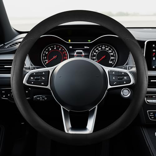 Leather Car Steering Wheel Cover, Breathable Laser-Perforated, Pure Black by TRROCC