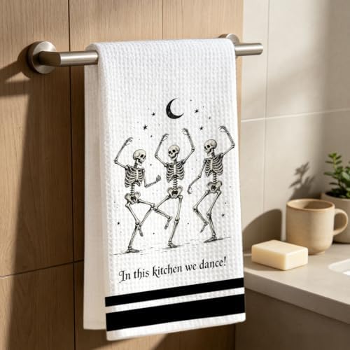 Gothic Kitchen Decor Towel, Dancing Skeleton Halloween Dish Towel - Image 6