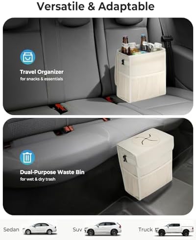 Corduroy Car Trash Can with Lid and Mesh Pockets - Image 5