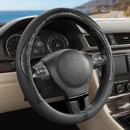 Black Patterned Leather Patchwork Steering Wheel Cover, 14.5-15 Inch Universal - Image 2