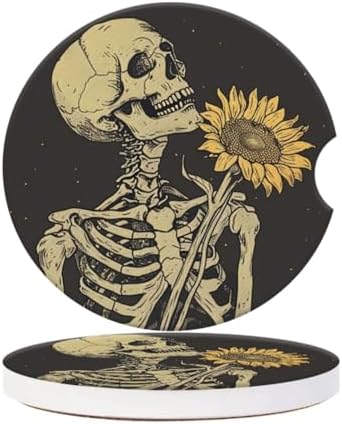 Cup Holder for Car, Skull Embracing A Sunflower Design Ceramic Coasters by PATBIXES