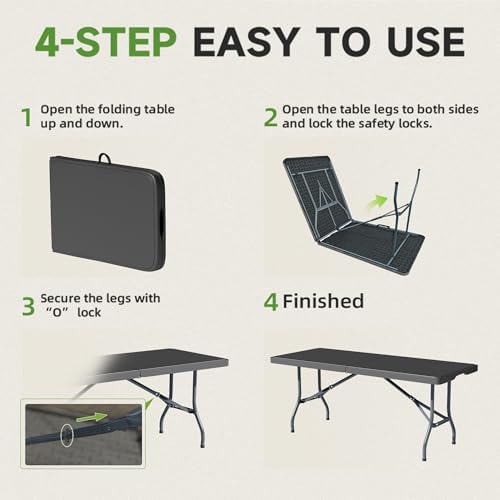 6 Foot Folding Table Black, Sturdy 330LBS Capacity, Reinforced Steel Legs - Image 7