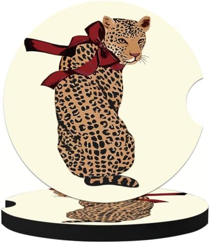 Red Bow Leopard Car Coasters for Cup Holders, Auto Drink Coaster for Women by CRASHOT