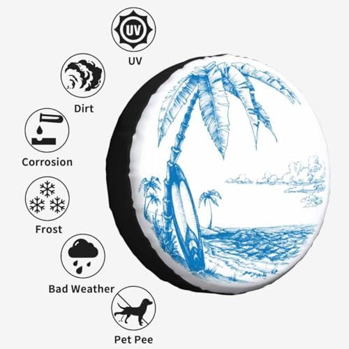 Palm Trees and Sea View Spare Tire Cover Surfing Background Blue Line Drawing - Image 6