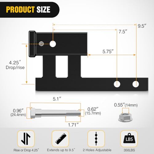 Nilight Trailer Hitch Extender Adapt 1-1/4 Inch to 2" Receiver Adjustable - Image 2