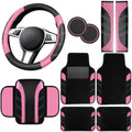 NBTEPEM 10 Pcs Pink Car Floor Mats Full Set & Sport Leather Pink Steering Wheel by NBTEPEM