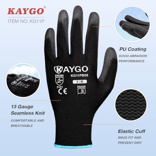 KAYGO Safety Work Gloves for Men Women, PU Coated Palm & Fingers - Image 2