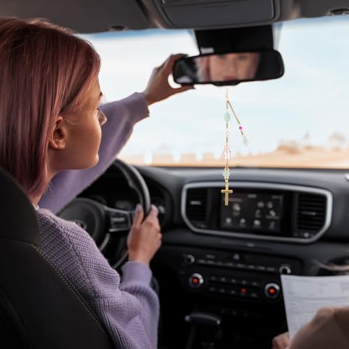 Sibba Natural Jade Cross Car Hanging Ornament, Handmade Glass Beaded Rearview - Image 4