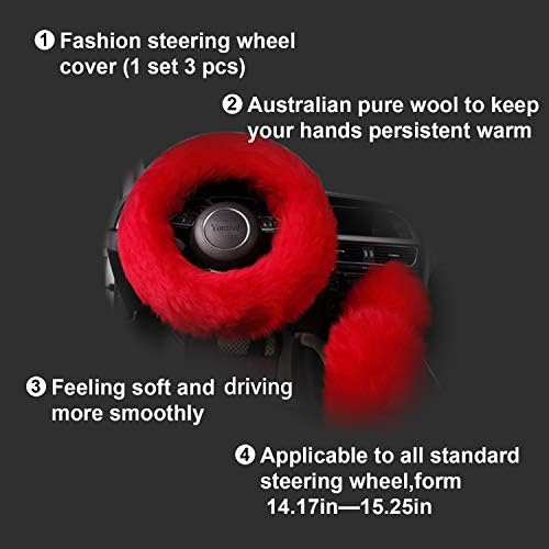 Red Fluffy Sheepskin Car Steering Wheel Covers - Image 4