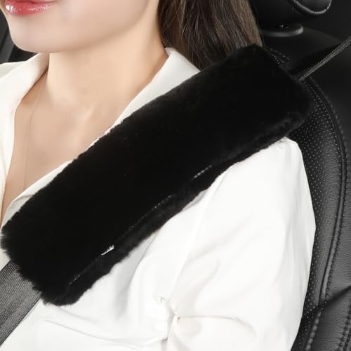AOGELAN 2 Pack Black Fluffy Fuzzy Genuine Sheepskin Car Seat Belt Cover Pad by AOGELAN