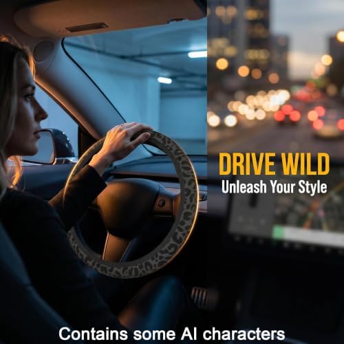 Black Leopard Print Steering Wheel Cover 15In + 2 Cheetah Car Coasters - Image 2
