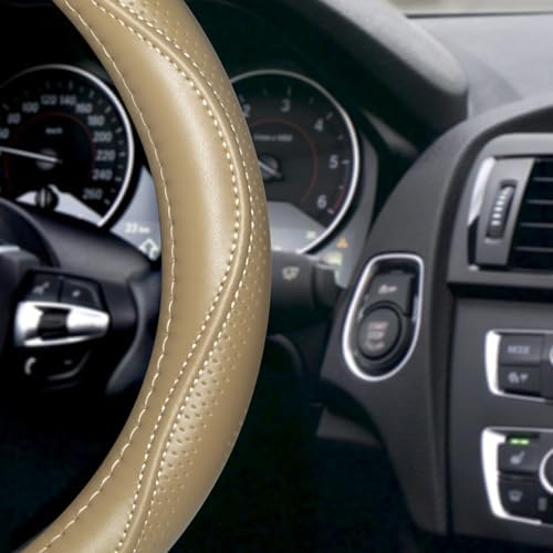 HAOKAY Top Grade Beige Genuine Leather Steering Wheel Cover Men Women, Luxury - Image 3