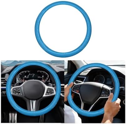 AUCELI 14.5-15 Inch Steering Wheel Cover Non-Slip Leather, Light Blue - Image 7