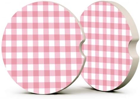 Pink Buffalo Plaid Car Coasters Set of 2, Coquette Preppy Cup Holders by Unknown