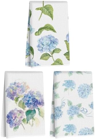 3 Pcs Watercolor Hydrangea Kitchen Towels Decorative Hand Towels by Blue+Leaves