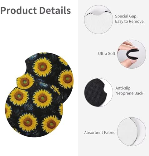 Sunflower Steering Wheel Cover Floral Car Accessories+ 2 Car Coasters - Image 6