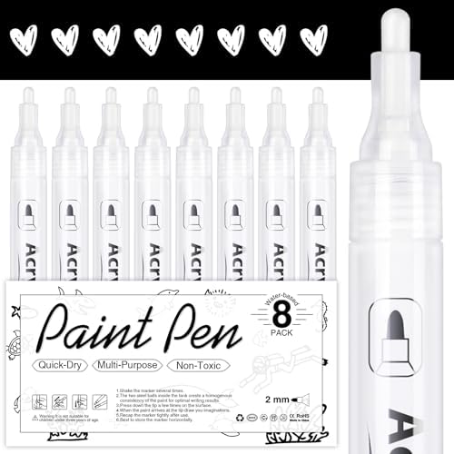 AKARUED White Acrylic Paint Markers, 8 Pack Acrylic White Paint Pen Sets by AKARUED