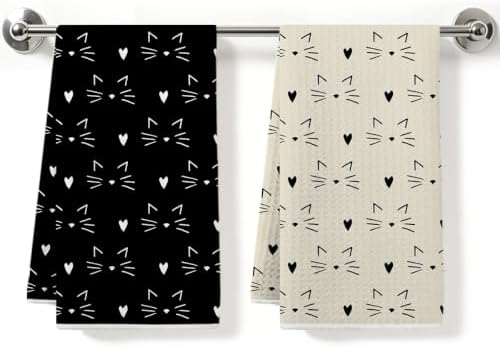 2Pcs Cute Cat Kitchen Towels Waffle Soft Dish Hand Towels Farmhouse Decor by ZHAMEN