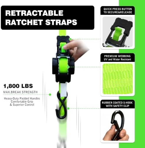 Retractable Ratchet Straps 1" x 13 Ft, 800 Lbs, 2 Pack - Image 2