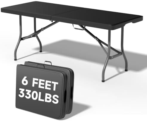 6 Foot Folding Table Black, Sturdy 330LBS Capacity, Reinforced Steel Legs by OrtusCollective