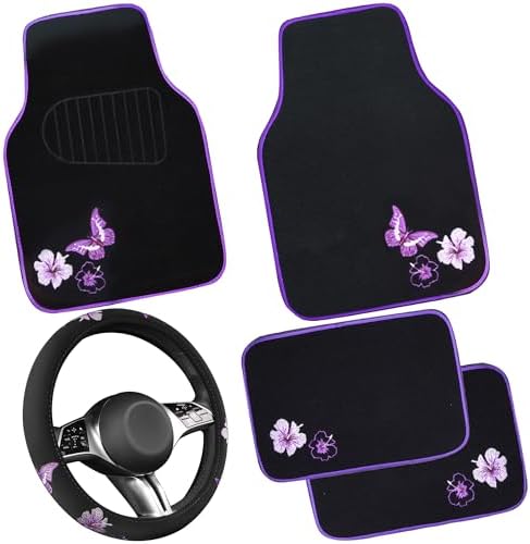 CAR PASS Butterfly Steering Wheel Cover and Waterproof Car Floor Mats, Sedans by CARPASS