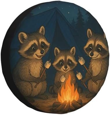 Cute Raccoon Camping Spare Tire Cover by Unknown