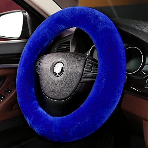 Blue Fuzzy Sheepskin Car Steering Wheel Cover - Image 2