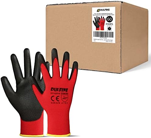DULFINE Safety Work Gloves for Men 60 Pairs, Ultra-Thin PU Coated Red M by DULFINE