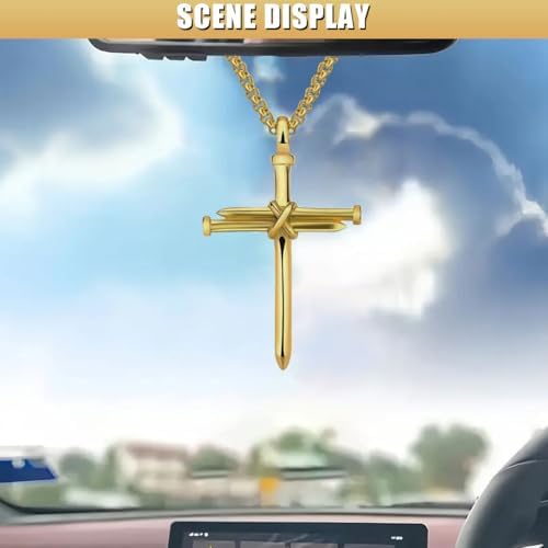 Nail Cross Pendant for Car Rearview Mirror, 3 Nails Metal Cross Car Rear View - Image 3
