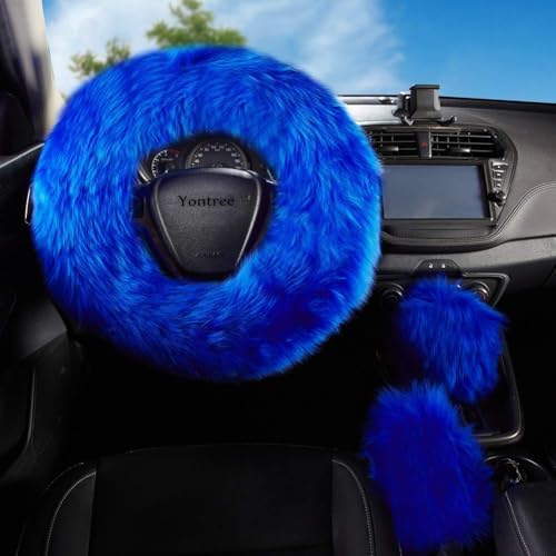 Blue Fluffy Sheepskin Car Steering Wheel Covers - Image 5