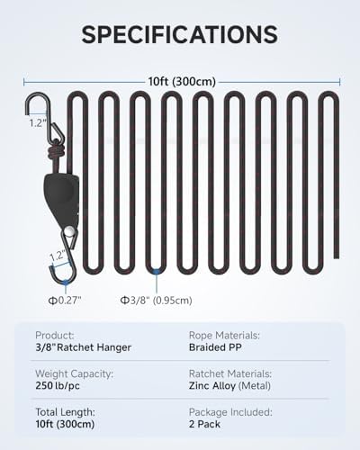 Fondwell Rope Tie Downs Small Ratchet Straps, Adjustable Grow Light Hangers - Image 2
